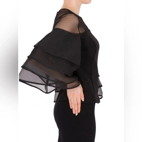 NWT NEW Joseph Ribkoff Chic Black Top Organza Neckline &Ruffled Sleeves 18 HTF